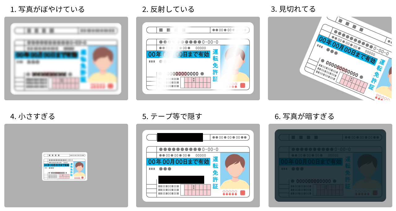 1.写真がぼやけている|2.反射している|3.見切れいている|4.小さすぎる|4.テープ等で隠す|6.写真が暗すぎる